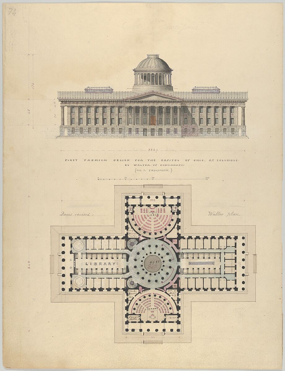 First Premium Design for the Capitol of Ohio at Columbus by Walter of Cincinnati, Alexander Jackson Davis (American, New York 1803–1892 West Orange, New Jersey), Watercolor, ink and graphite 