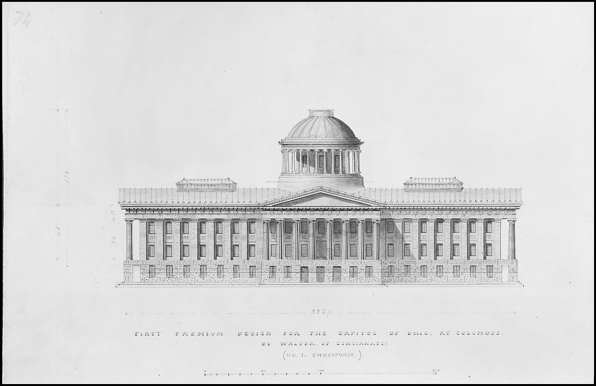 First Premium Design for the Capitol of Ohio at Columbus by Walter of Cincinnati, Alexander Jackson Davis (American, New York 1803–1892 West Orange, New Jersey), Watercolor, ink and graphite