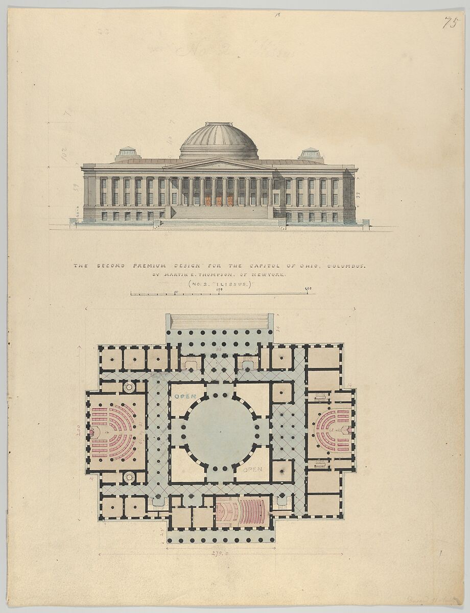 The Second Premium Design for the Capitol of Ohio, Columbus, Alexander Jackson Davis (American, New York 1803–1892 West Orange, New Jersey), Watercolor, ink and graphite 