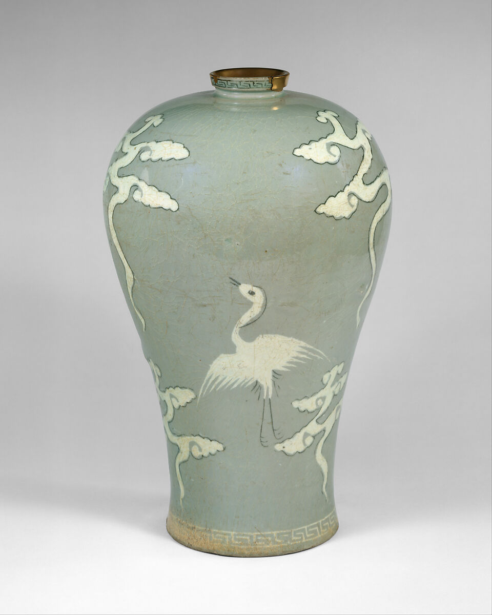 Maebyeong (plum bottle) decorated with cranes and clouds, Stoneware with inlaid design under celadon glaze, Korea