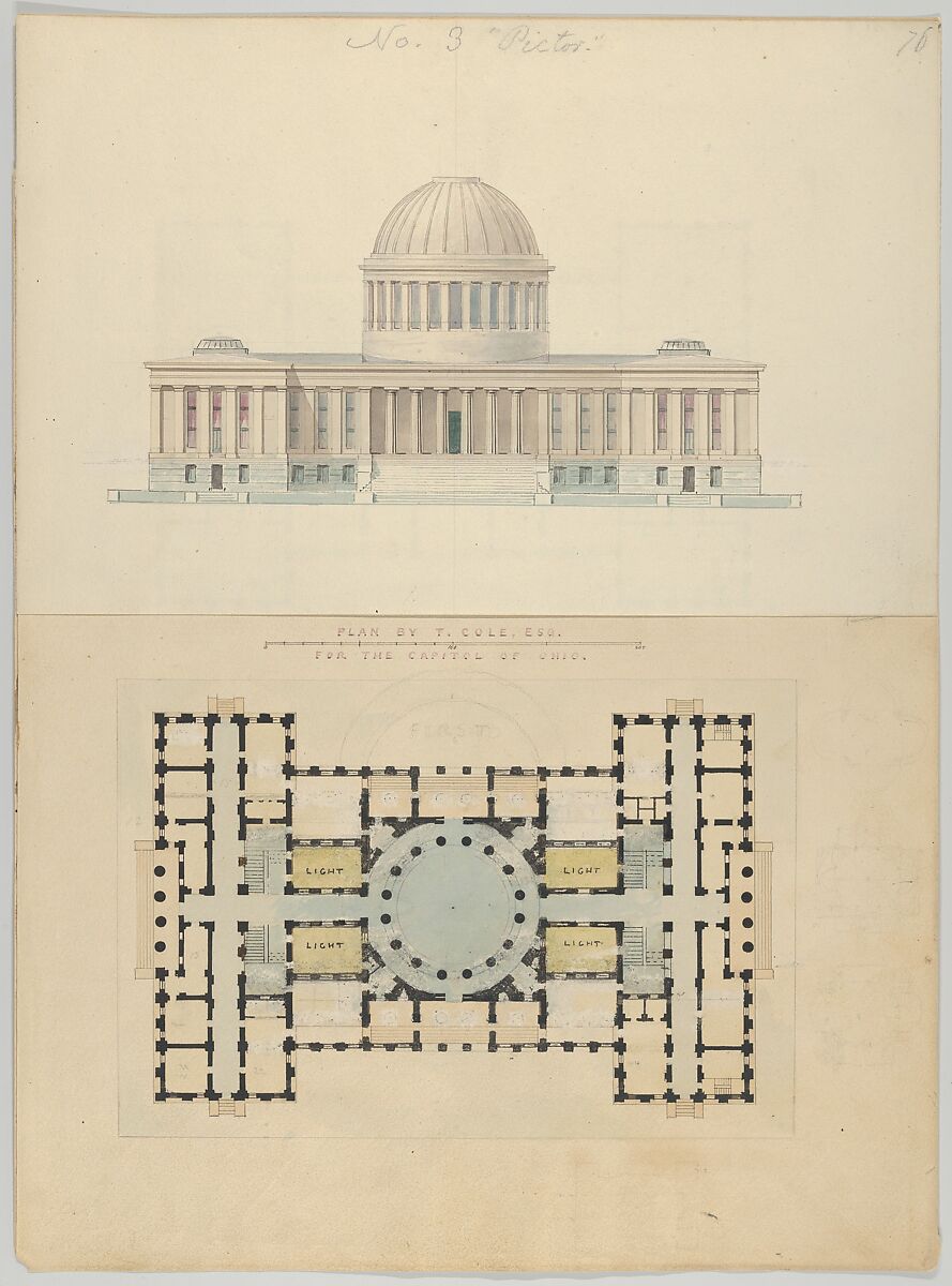 Plan by T. Cole, Esq. for the Capitol of Ohio, Alexander Jackson Davis (American, New York 1803–1892 West Orange, New Jersey), Watercolor, ink and graphite 