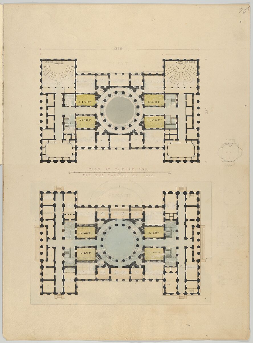 Plan by T. Cole, Esq. for the Capitol of Ohio, Alexander Jackson Davis (American, New York 1803–1892 West Orange, New Jersey), Watercolor, ink and graphite