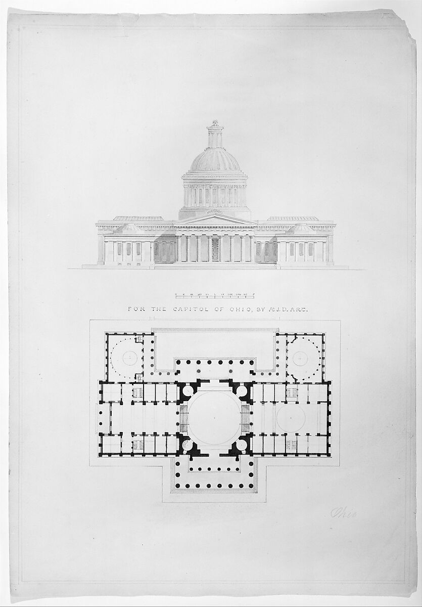 For the Capitol of Ohio, by A.J.D. arch., Alexander Jackson Davis (American, New York 1803–1892 West Orange, New Jersey), Watercolor, ink and graphite 