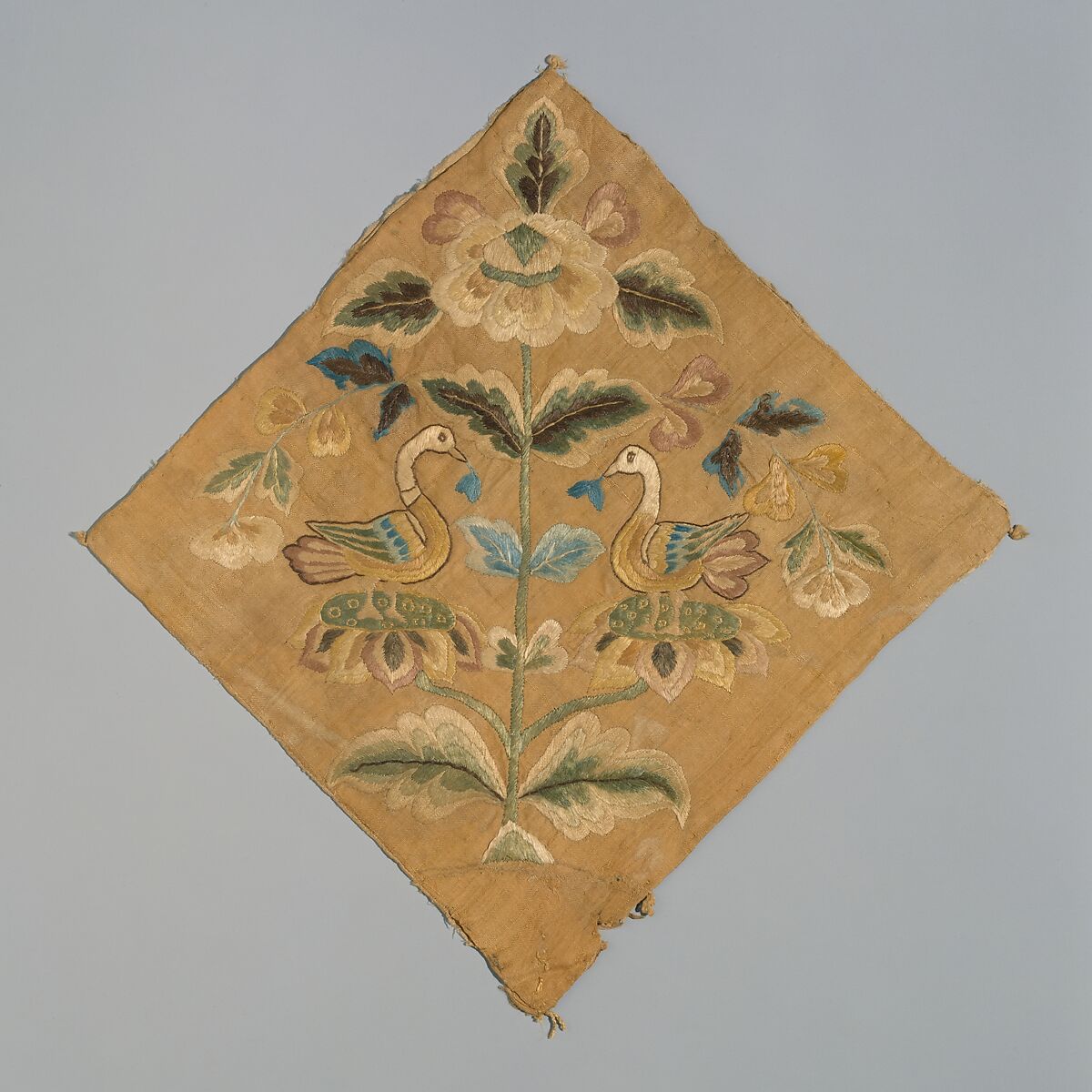 Textile with confronted birds, Silk embroidery on plain-weave silk, China 