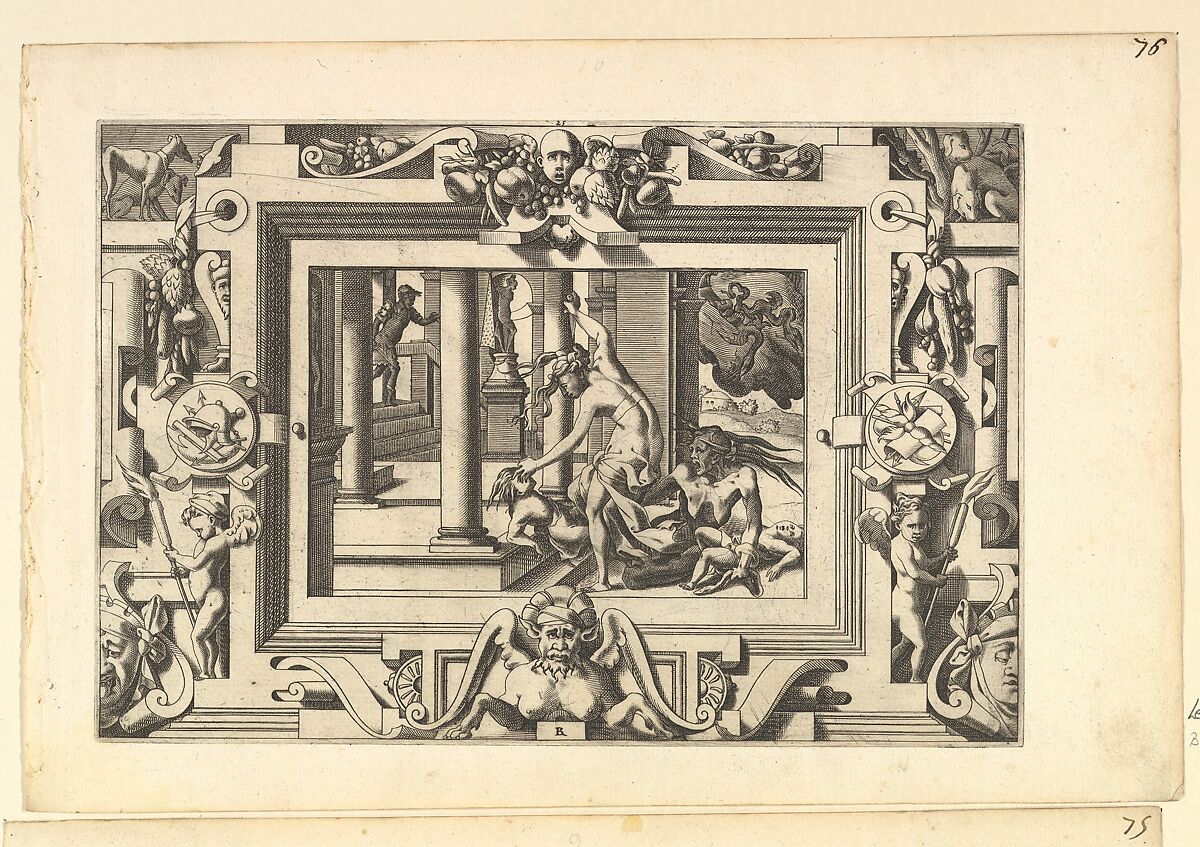 Medea Kills Her Two Children by Jason (Pour qui d'Absyrte a le sang repandu, fait que du sien le tort lui soit rendu...), René Boyvin (French, Angers ca. 1525–1598 or 1625/6 Angers), Engraving; second state of three 