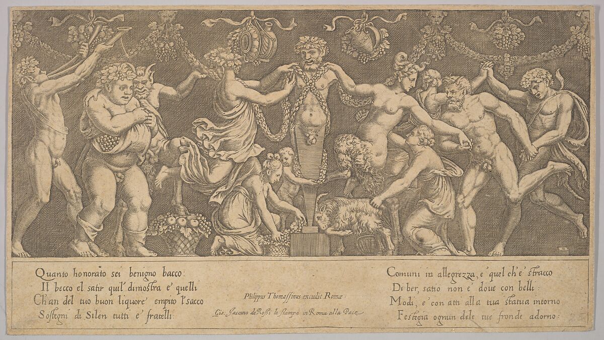 The sacrifice to Priapus who is in the form of a statue in the centre,  Bacchus and a satyr at the left, Master of the Die (Italian, active Rome, ca. 1530–60), Engraving 