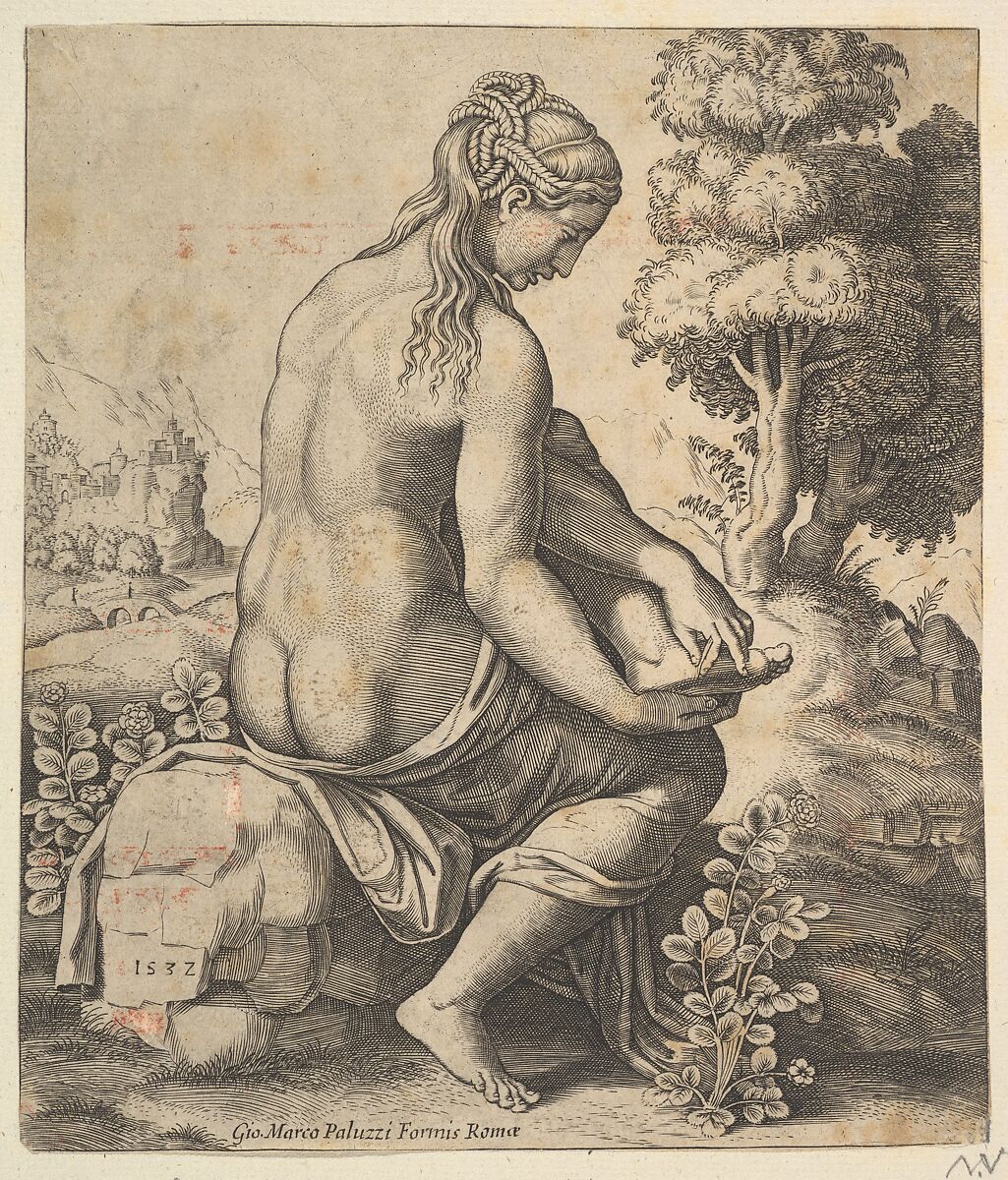 Venus removing a thorn from her foot, Master of the Die (Italian, active Rome, ca. 1530–60), Engraving 