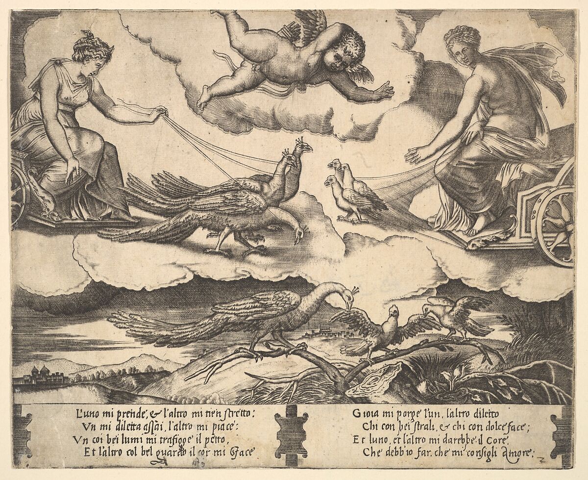 Allegory of Marriage and Love; Juno in a chariot drawn by peacocks at left, Venus in a chariot drawn by three doves at the right, Master of the Die (Italian, active Rome, ca. 1530–60), Engraving 