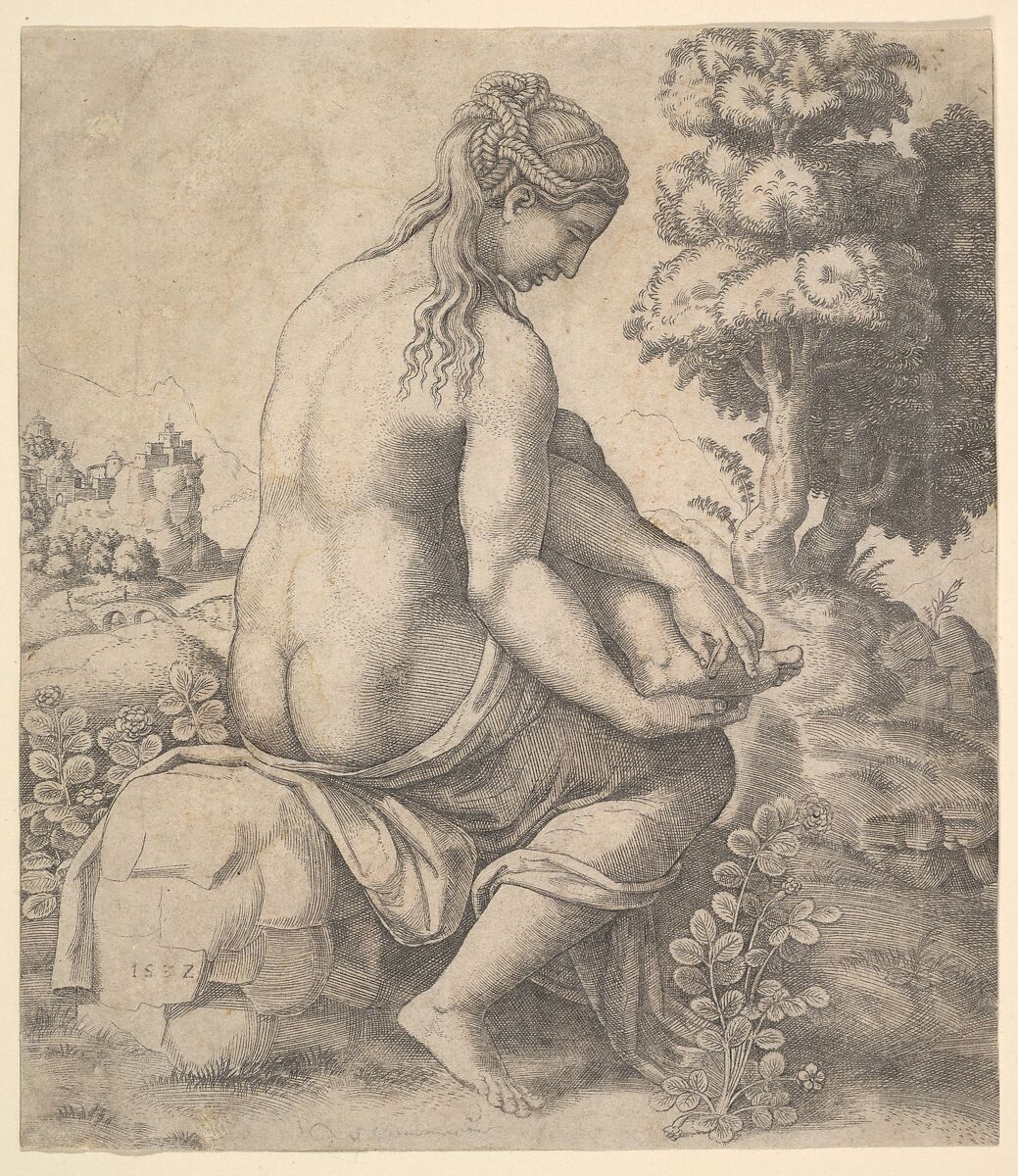 Venus removing a thorn from her foot, Master of the Die (Italian, active Rome, ca. 1530–60), Engraving 