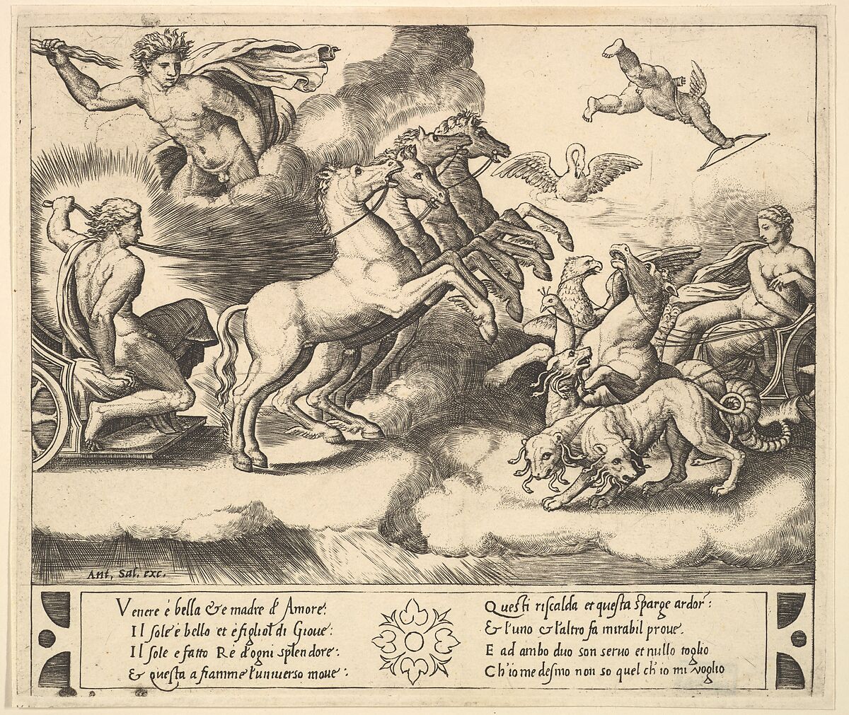 Apollo in his horse-drawn chariot at the left, above him above Jupiter hurls a thunderbolt, Venus at right in her chariot drawn by animals, from "Story of Apollo and Daphne", Master of the Die (Italian, active Rome, ca. 1530–60), Engraving 