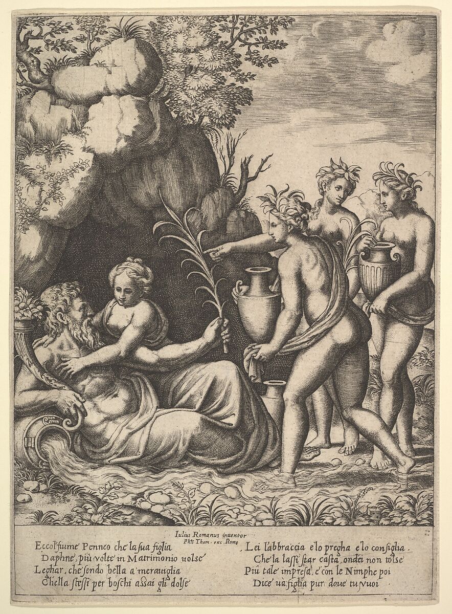 Daphne embracing her father, the river-god Peneus, at the left three nymphs bring jars from the 'Story of Apollo and Daphne', Master of the Die (Italian, active Rome, ca. 1530–60), Engraving 