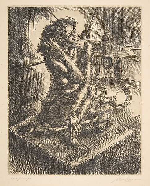 Crouching Nude and Press, John Sloan (American, Lock Haven, Pennsylvania 1871–1951 Hanover, New Hampshire), Etching 