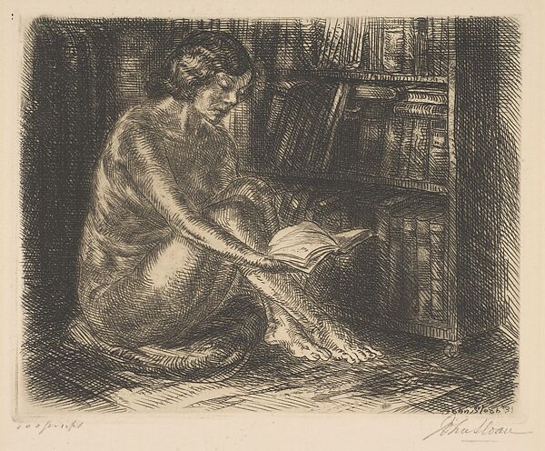 Nude by Bookcase, John Sloan (American, Lock Haven, Pennsylvania 1871–1951 Hanover, New Hampshire), Etching 