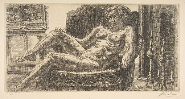 Nude in Armchair by Fireplace, John Sloan (American, Lock Haven, Pennsylvania 1871–1951 Hanover, New Hampshire), Etching 