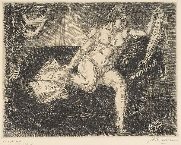 Nude and Newspapers, John Sloan (American, Lock Haven, Pennsylvania 1871–1951 Hanover, New Hampshire), Etching 