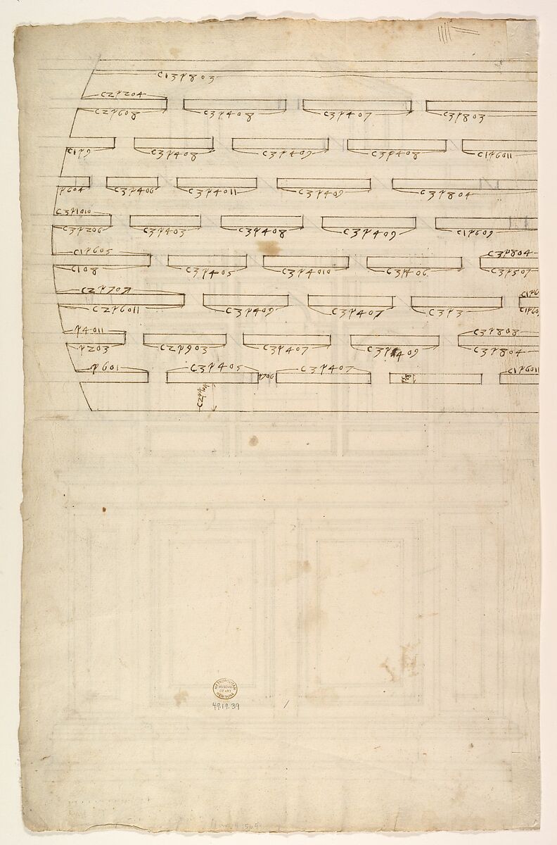 Court Cupboard (recto); Half-page of rectangles, numbered and lettered (verso), Anonymous, French, 16th century, Pen and brown ink