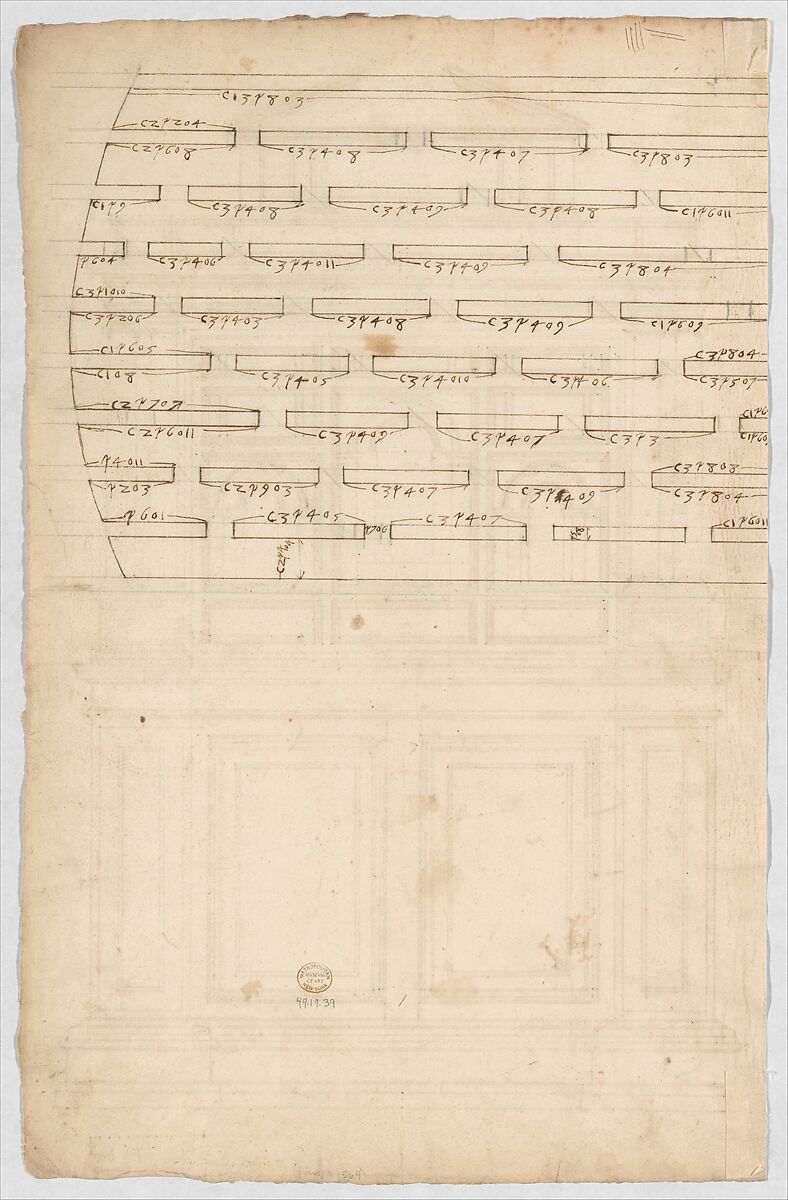 Court Cupboard (recto); Half-page of rectangles, numbered and lettered (verso), Anonymous, French, 16th century, Pen and brown ink