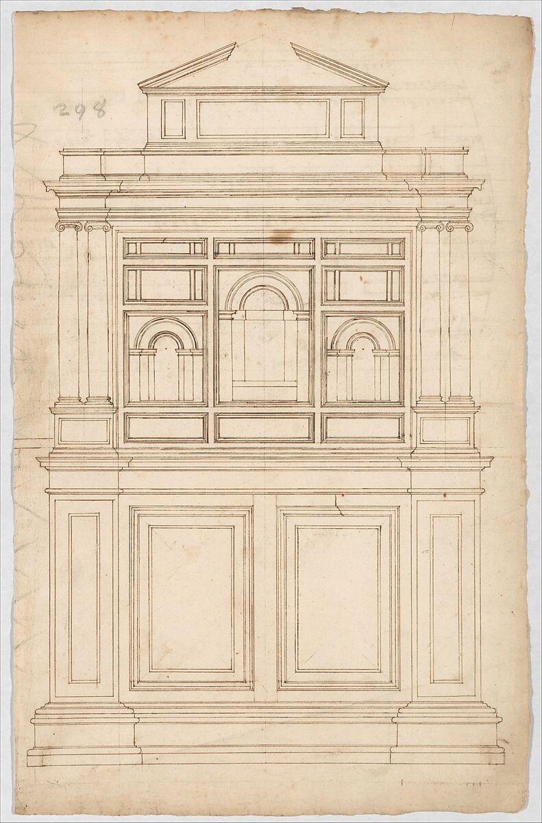 Court Cupboard (recto); Half-page of rectangles, numbered and lettered (verso), Anonymous, French, 16th century, Pen and brown ink
