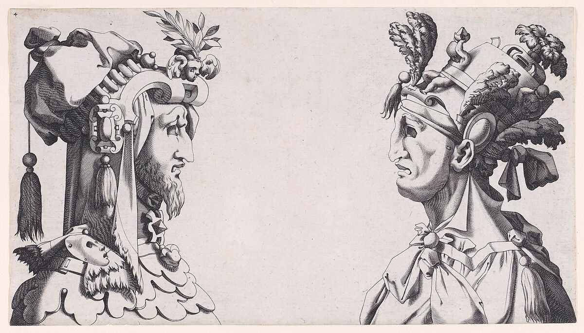 Two Male Busts with Head-dresses for the Ballet, René Boyvin (French, Angers ca. 1525–1598 or 1625/6 Angers), Engraving; second state of two 