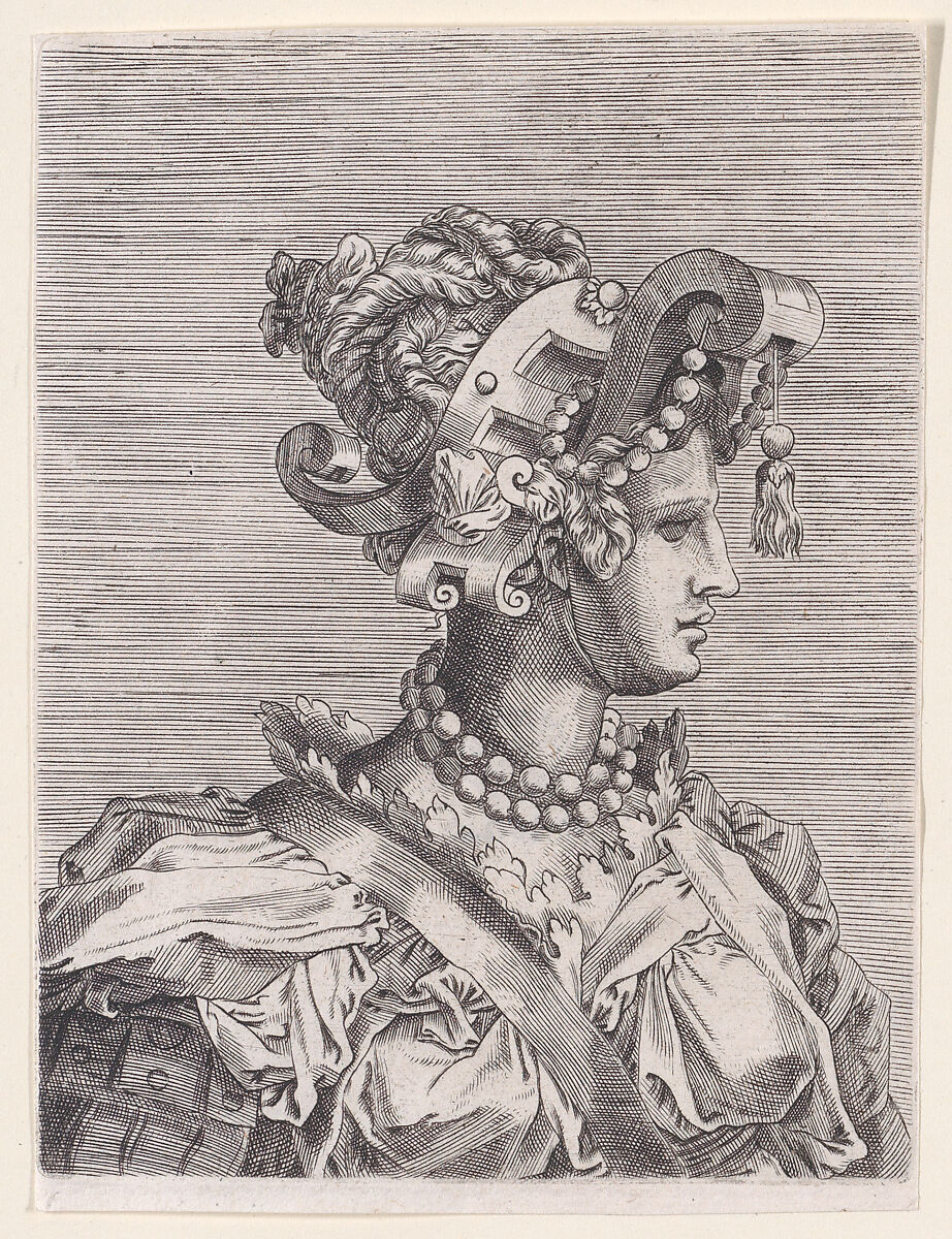 Bust of a Woman Wearing a Fantastic Head-dress and Mask, René Boyvin (French, Angers ca. 1525–1598 or 1625/6 Angers), Etching 