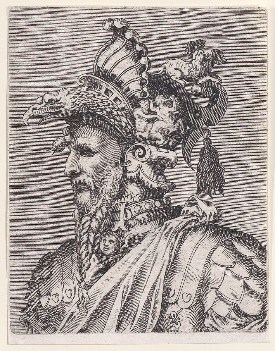 Bust of a Man Wearing a Fantastic Head-dress and Mask, René Boyvin (French, Angers ca. 1525–1598 or 1625/6 Angers), Etching 
