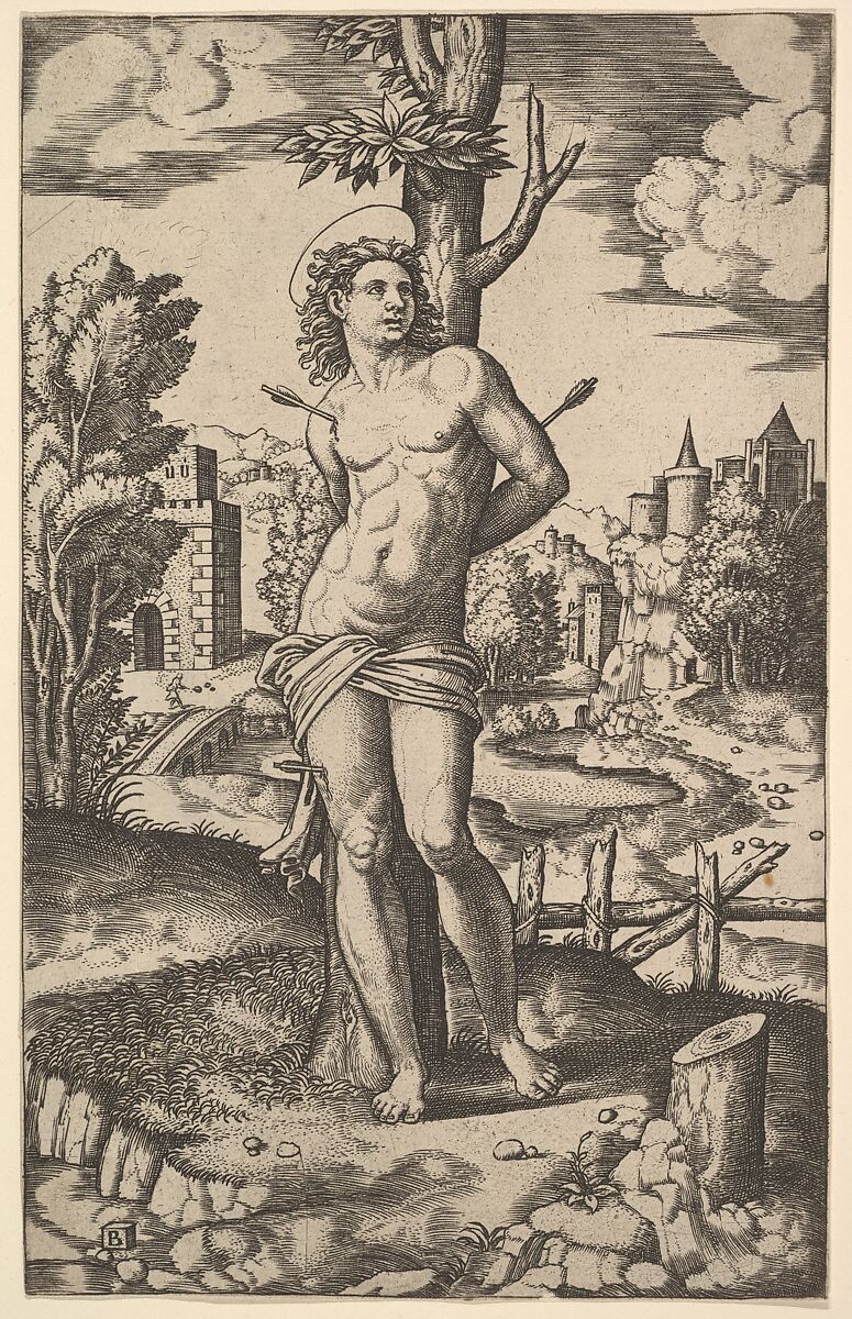 Saint Sebastian tied to a tree and pierced with arrows, Master of the Die (Italian, active Rome, ca. 1530–60), Engraving 