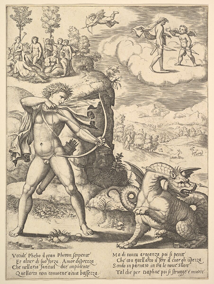 Apollo standing at left shooting a python with an arrow, above to the left are the muses and at right on a cloud Cupid approaching Apollo, from the 'Story of Apollo and Daphne', Master of the Die (Italian, active Rome, ca. 1530–60), Engraving 