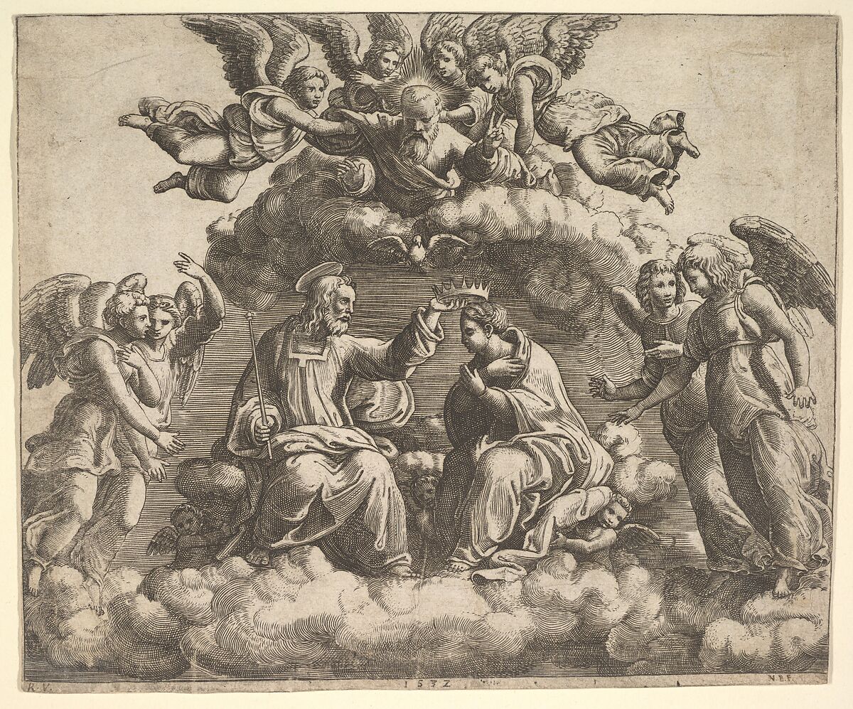 The coronation of the Virgin, Christ holding the crown over her head, God the Father  blessing above, Master of the Die (Italian, active Rome, ca. 1530–60), Engraving 