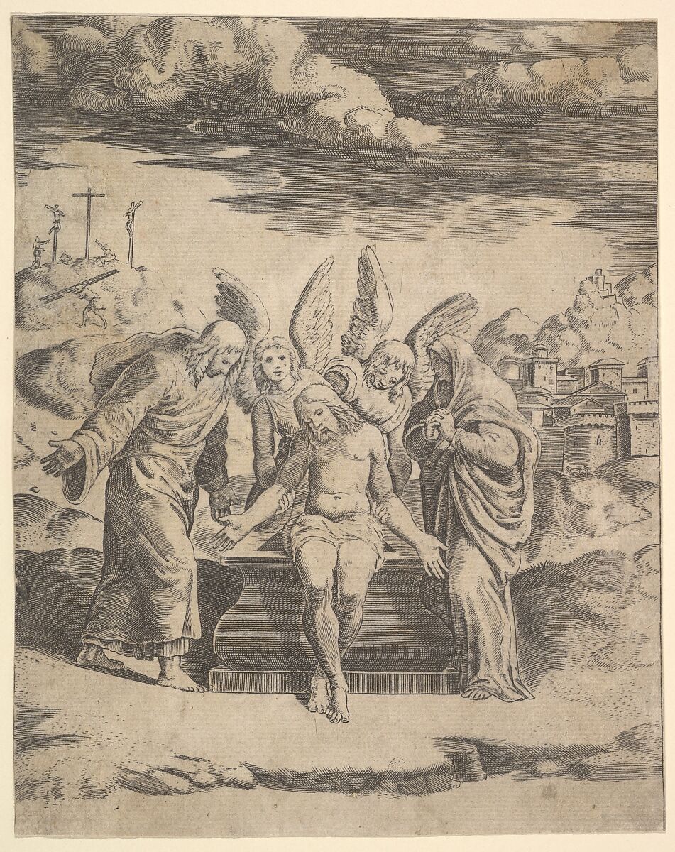 Christ seated on the tomb supported by angels, Master of the Die (Italian, active Rome, ca. 1530–60), Engraving 