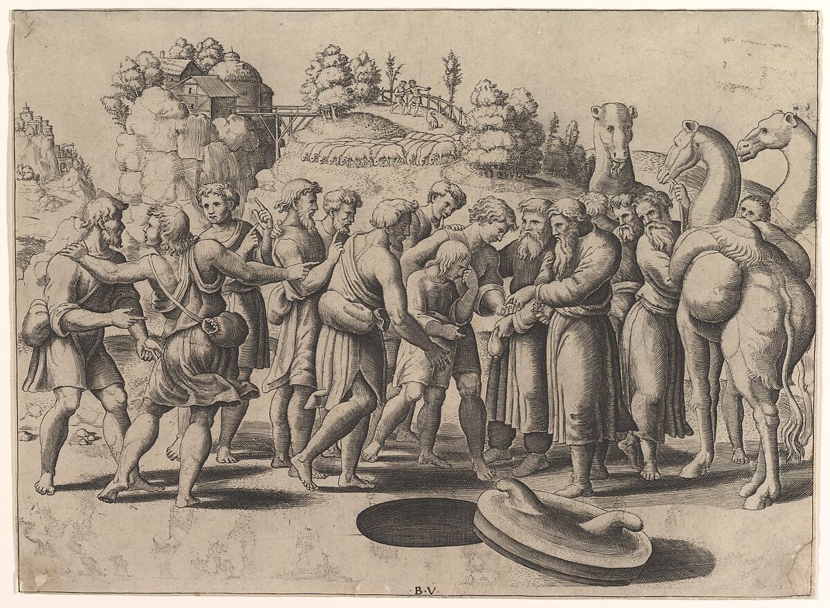 Joseph in the centre being sold by his brothers standing above a well, camels at the right, Master of the Die (Italian, active Rome, ca. 1530–60), Engraving 