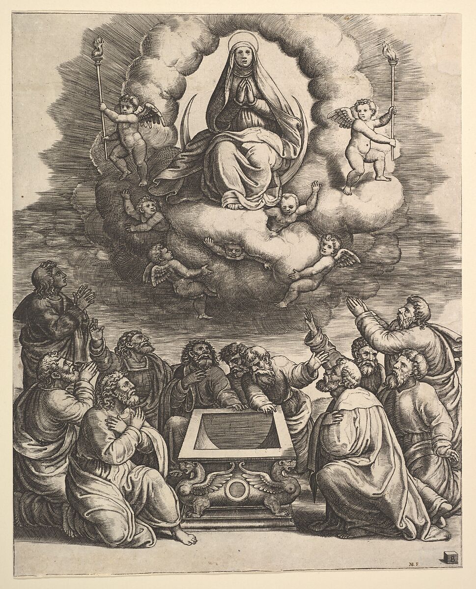 The Assumption of the Virgin, below the apostles surround the tomb, Master of the Die (Italian, active Rome, ca. 1530–60), Engraving 