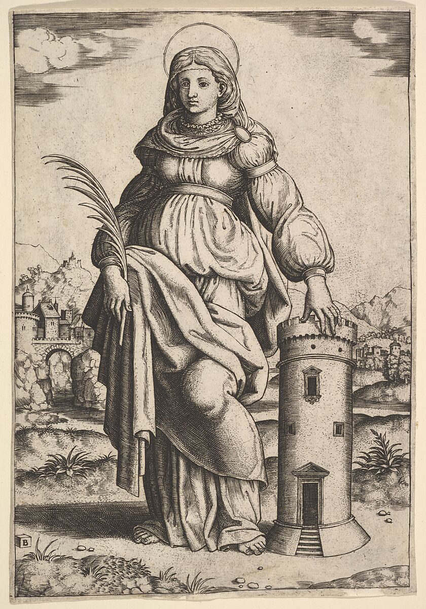 Saint Barbara standing, palm in her right hand, resting her left hand on a tower, Master of the Die (Italian, active Rome, ca. 1530–60), Engraving 