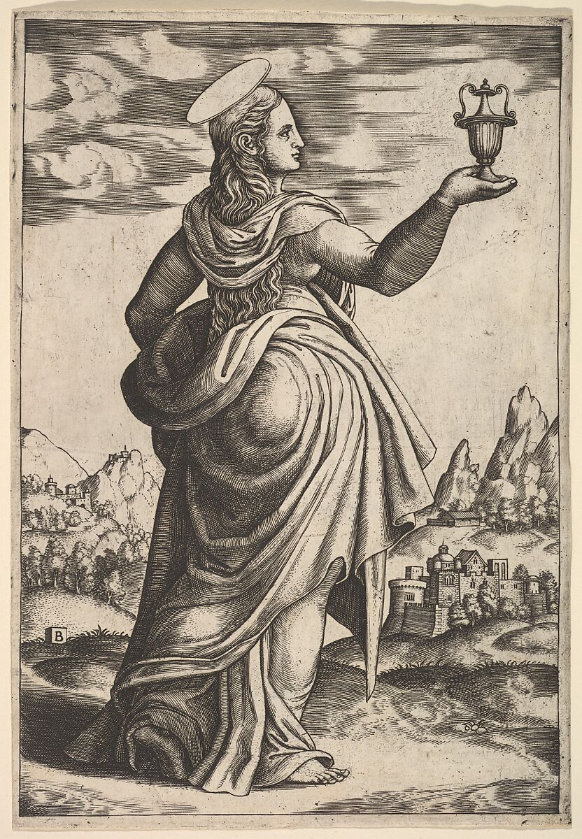 The Magdalene standing facing right, jar held in her raised right hand, Master of the Die (Italian, active Rome, ca. 1530–60), Engraving 