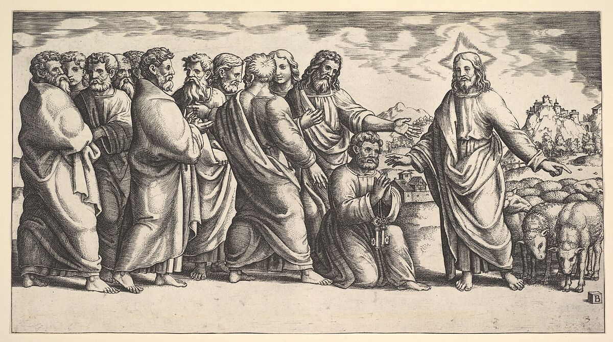 Christ standing at left indicating to a flock of sheep, before him kneels St. Peter holding the keys to the church, behind him to the left stand the Apostles, Master of the Die (Italian, active Rome, ca. 1530–60), Engraving 