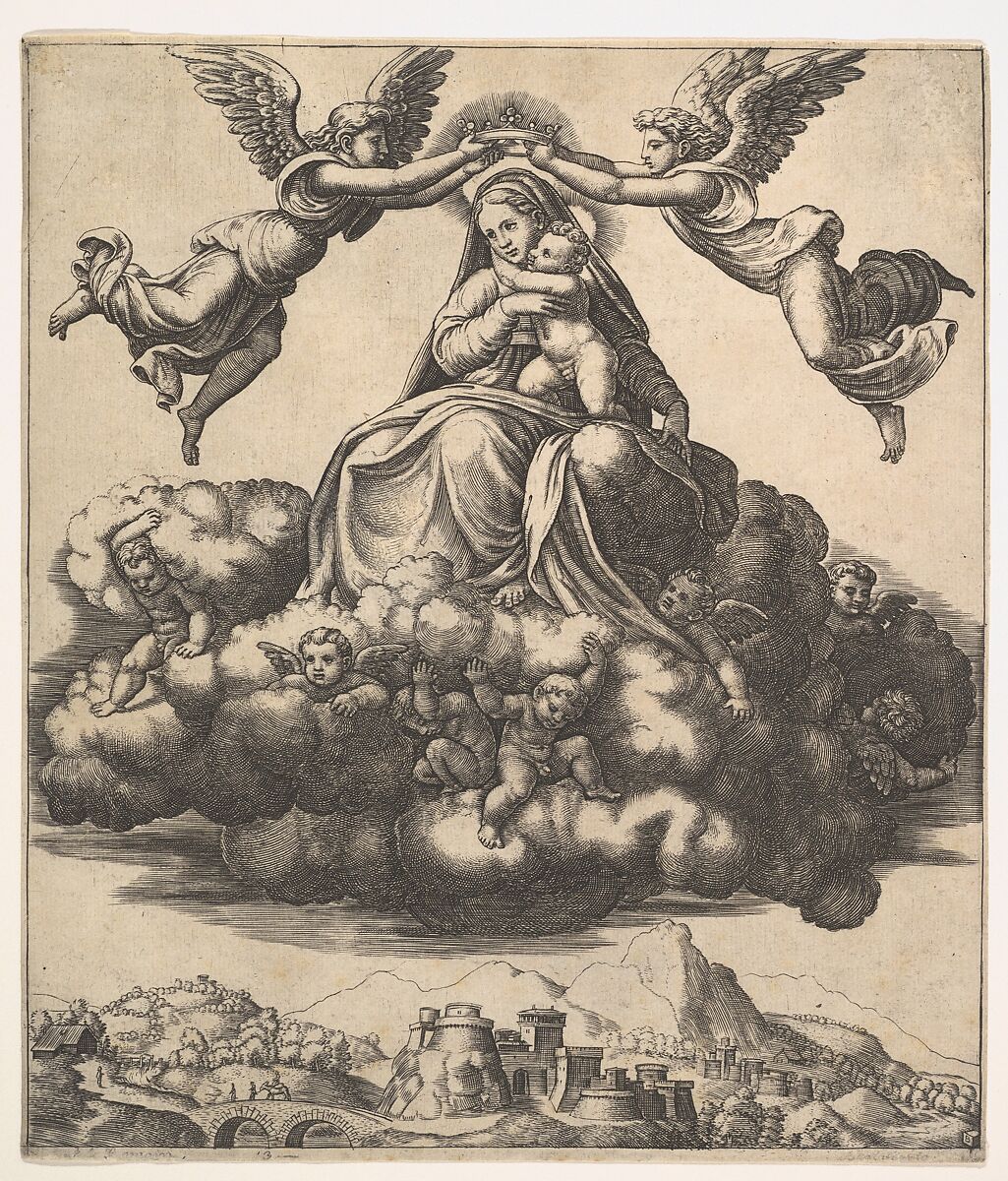 The Virgin seated on clouds being crowned by angels, Master of the Die (Italian, active Rome, ca. 1530–60), Engraving 