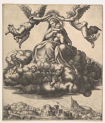 The Virgin seated on clouds being crowned by angels