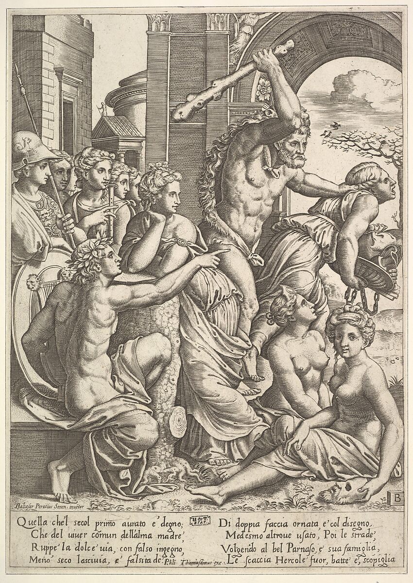 Envy or Avarice at the right being driven from the temple of the Muses by Hercules who raises a club, the muses watching from the left, Master of the Die (Italian, active Rome, ca. 1530–60), Engraving 