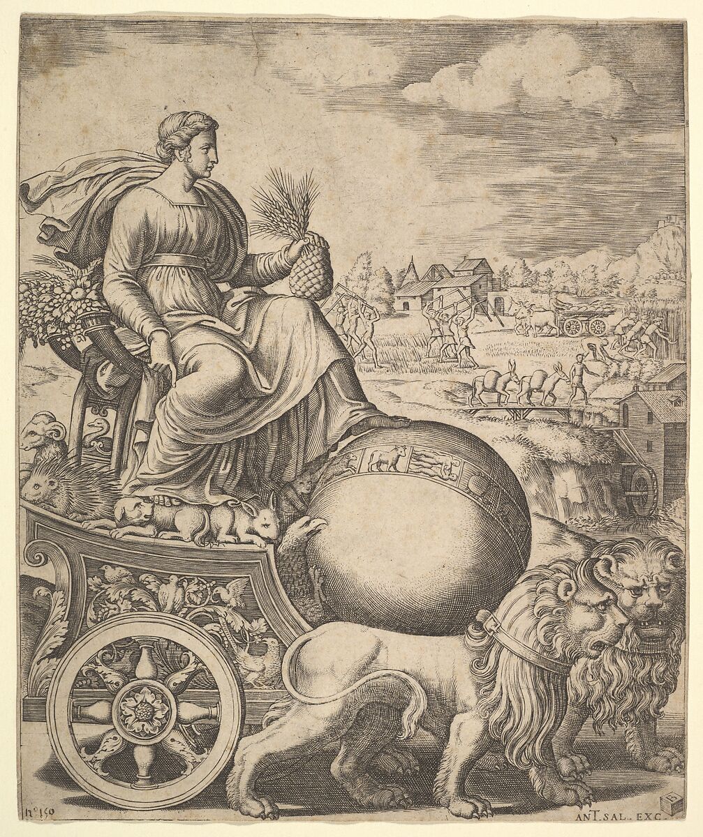 Cybele in her chariot drawn by two lions, Master of the Die (Italian, active Rome, ca. 1530–60), Engraving 