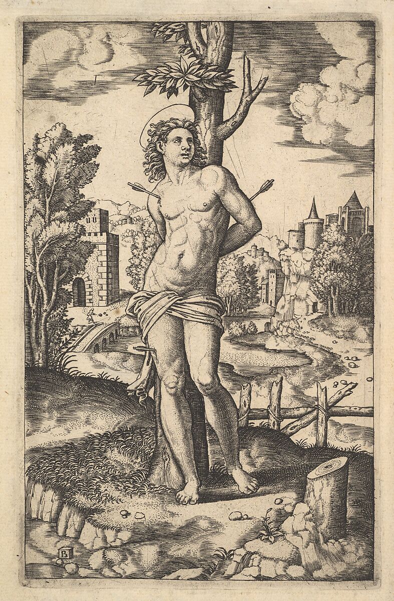Saint Sebastian tied to a tree pierced by arrows, Master of the Die (Italian, active Rome, ca. 1530–60), Engraving 