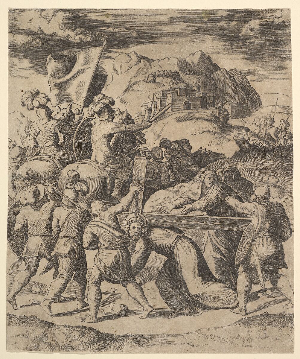 Christ carrying the cross surrounded by soldiers, several on horseback, Master of the Die (Italian, active Rome, ca. 1530–60), Engraving 