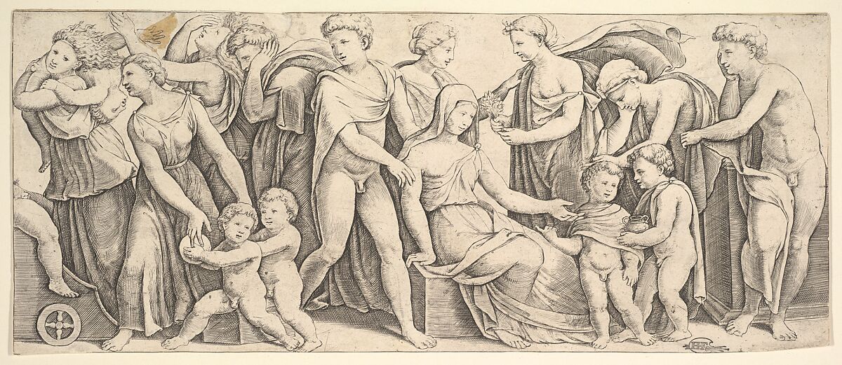 The wedding of Jason and Creusa, at left Medea takes her children, Master of the Die (Italian, active Rome, ca. 1530–60), Engraving 
