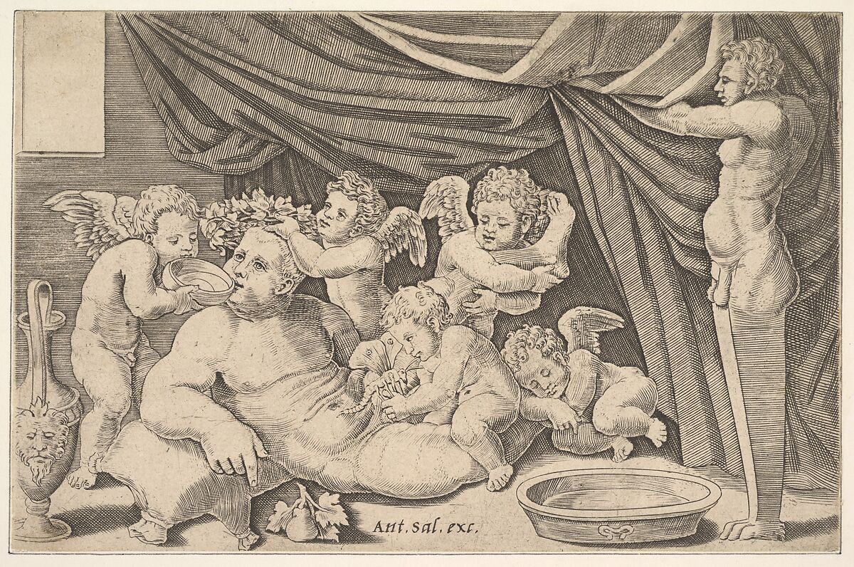 Bacchus surrounded by Putti, a statue of Priapus at right, Master of the Die (Italian, active Rome, ca. 1530–60), Engraving 