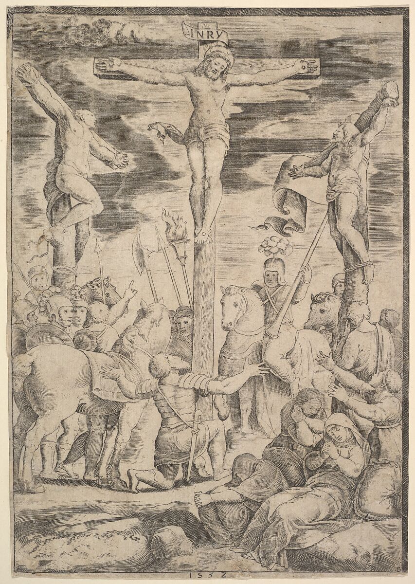 The conversion of the Centurion who flings his arms open before Christ on the cross, Master of the Die (Italian, active Rome, ca. 1530–60), Engraving 