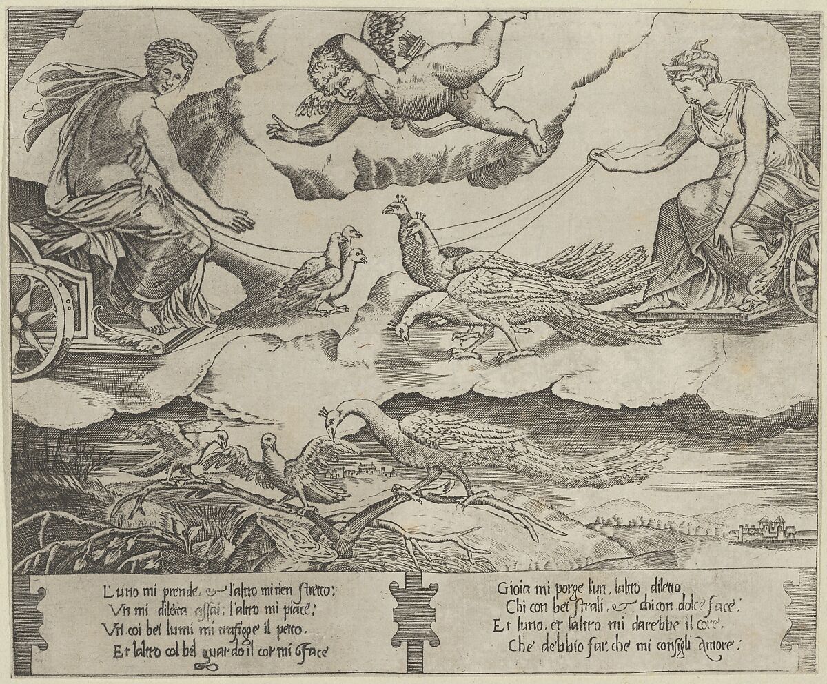 Allegory of Marriage and Love; Juno in a chariot drawn by peacocks at right,Venus in a chariot drawn by three doves at the left, Anonymous, 16th century, Engraving 