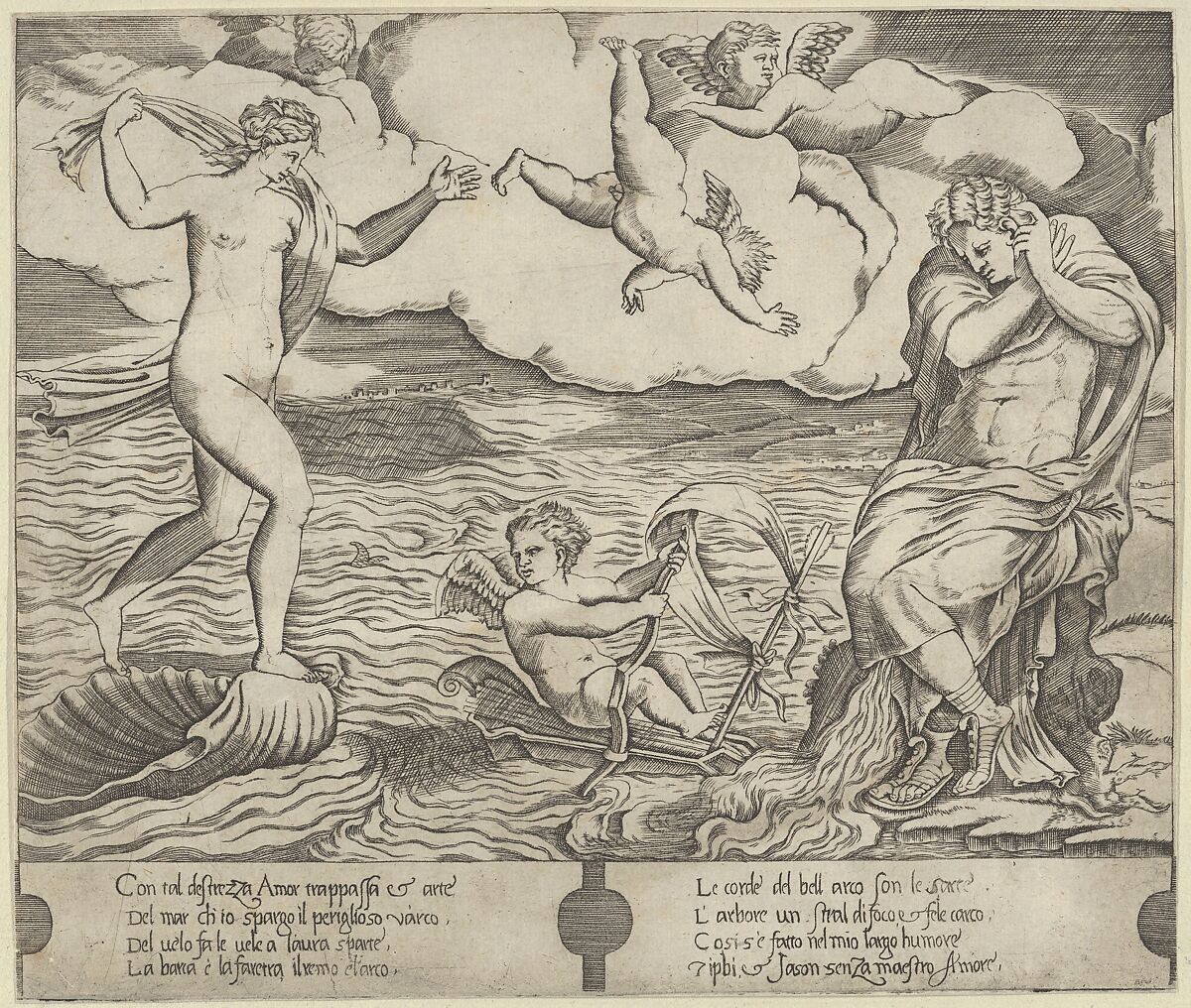 Venus riding a conch at left and cowering man (Jason) at right, Eros riding a makeshift boat holding a bow between them, Anonymous, 16th century, Engraving 