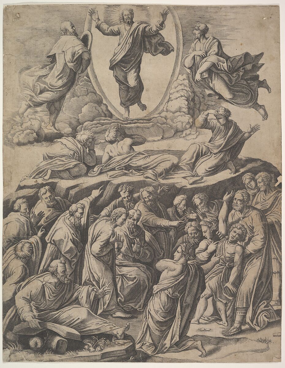 The Transfiguration of Christ who appears upper centre, below him various figures including the Apostles, Master of the Die (Italian, active Rome, ca. 1530–60), Engraving 