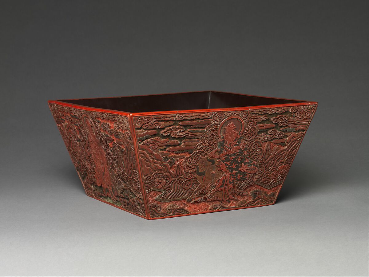 Rice measure with four constellation deities, Carved red, green, and black lacquer, China