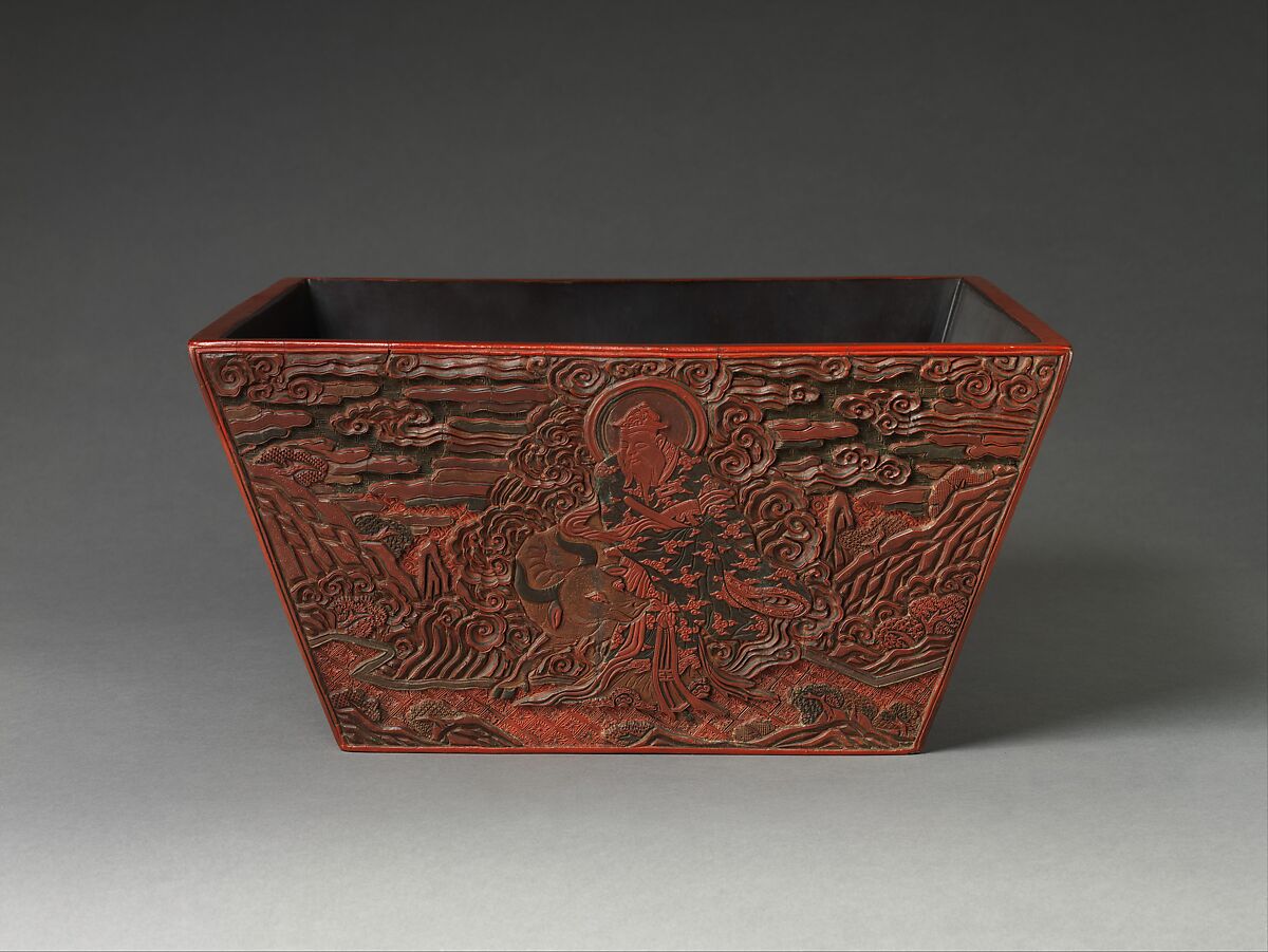 Rice measure with four constellation deities, Carved red, green, and black lacquer, China