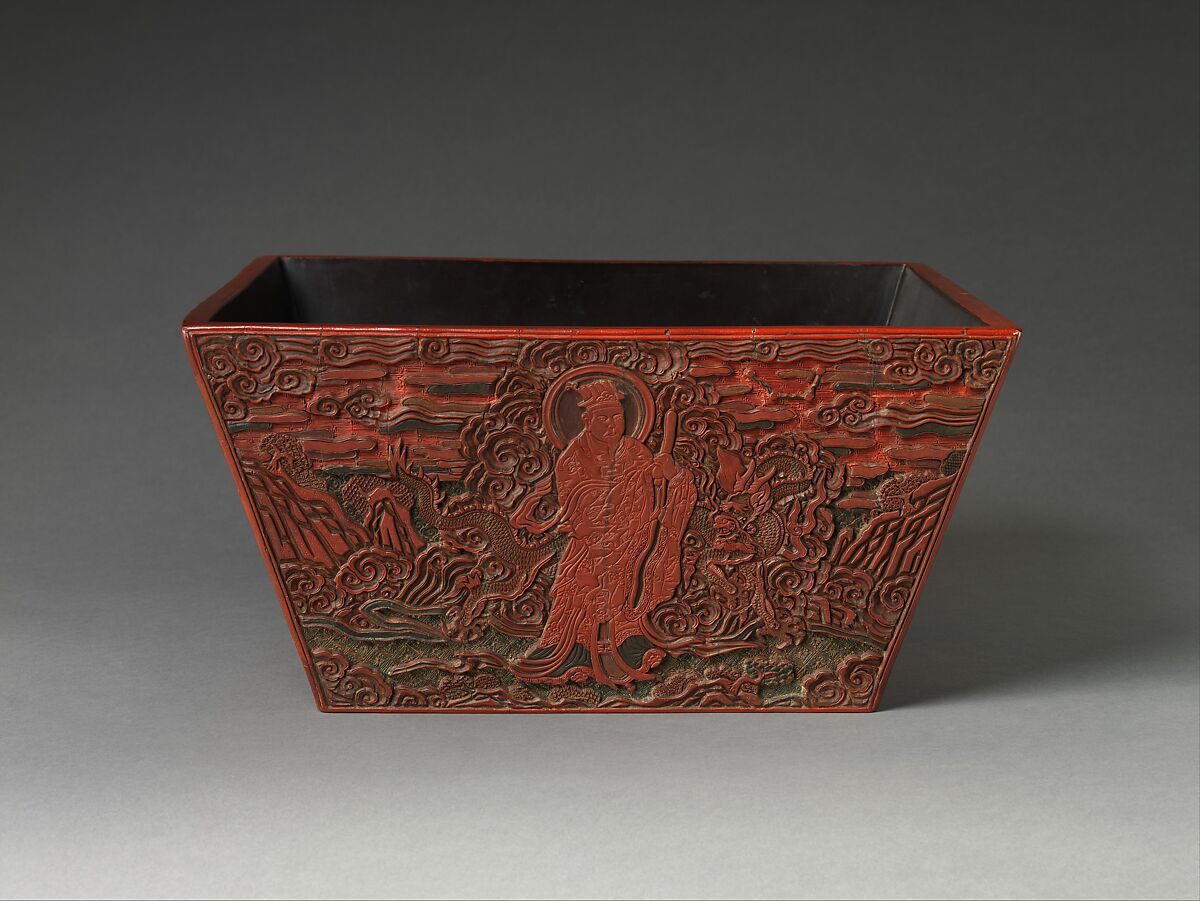 Rice measure with four constellation deities, Carved red, green, and black lacquer, China