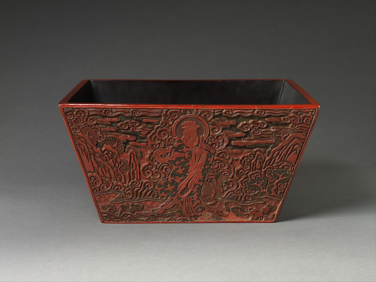 Rice measure with four constellation deities, Carved red, green, and black lacquer, China